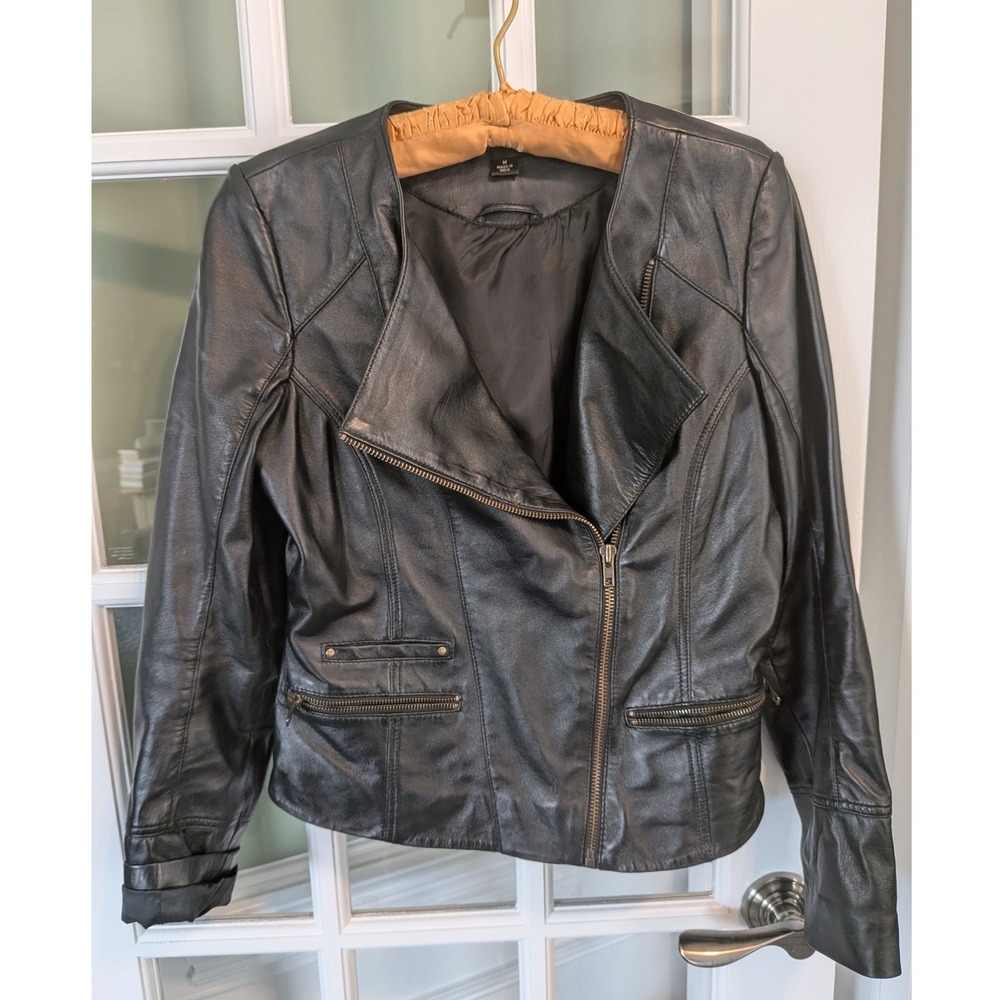 Bagatelle Womens Black Genuine Leather Asymmetrical Zip Moto Jacket Size Medium
